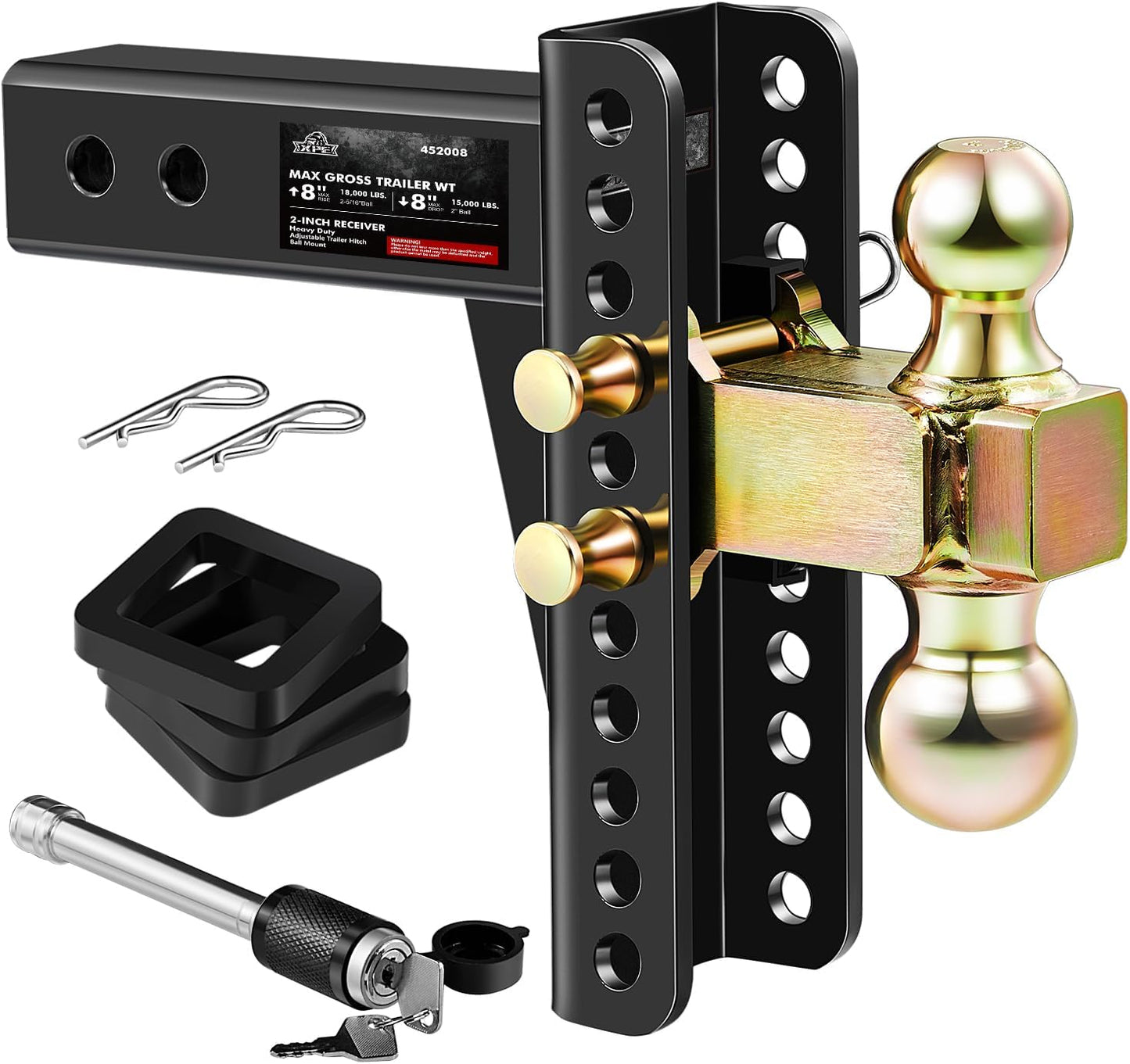 Adjustable Trailer Hitch, Fits 2.0-Inch Receiver,2" & 2-5/16" Ball Hitches for Trucks, 20,000 LBS GTW - Receiver Hitch with Anti-Theft Pin, Solid Ball Mount, BLK,X-452006