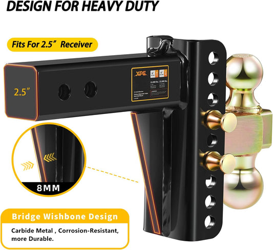 XPE Adjustable Trailer Hitch, Fits 2.5-Inch Receiver, 6-Inch Drop/Rise,2" & 2-5/16" Ball Hitches for Trucks, 22,000 LBS GTW - Receiver Hitch with Anti-Theft Pin, Solid Ball Mount, BLK,X-452506