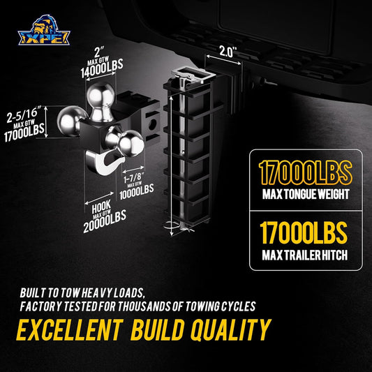 Adjustable Trailer Hitch Fits 2.0-Inch Receiver, Heavy Duty Tow Hitches (17000 LBS GTW) 8 Inch Drop Truck Hitch Tri-Ball Mount with Hook (1-7/8" x 2" x 2-5/16")