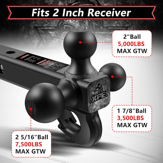 Trailer Hitch Tri Ball Mount with Hook,Fits 2” Hitch Receiver,1-7/8", 2"& 2-5/16"Matt Black Plated Balls ,Secure with Self-Lock Latch, 10,000 LBS GTW,for RV,SUV, ATV and Truck etc