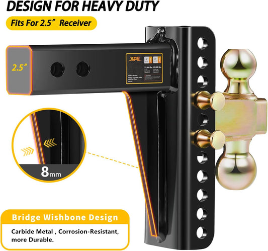 Adjustable Trailer Hitch, Fits 2.5-Inch Receiver, 8-Inch Drop/Rise,2" & 2-5/16" Ball Hitches for Trucks, 22,000 LBS GTW - Receiver Hitch with Anti-Theft Pin, Solid Ball Mount, BLK,X-452508