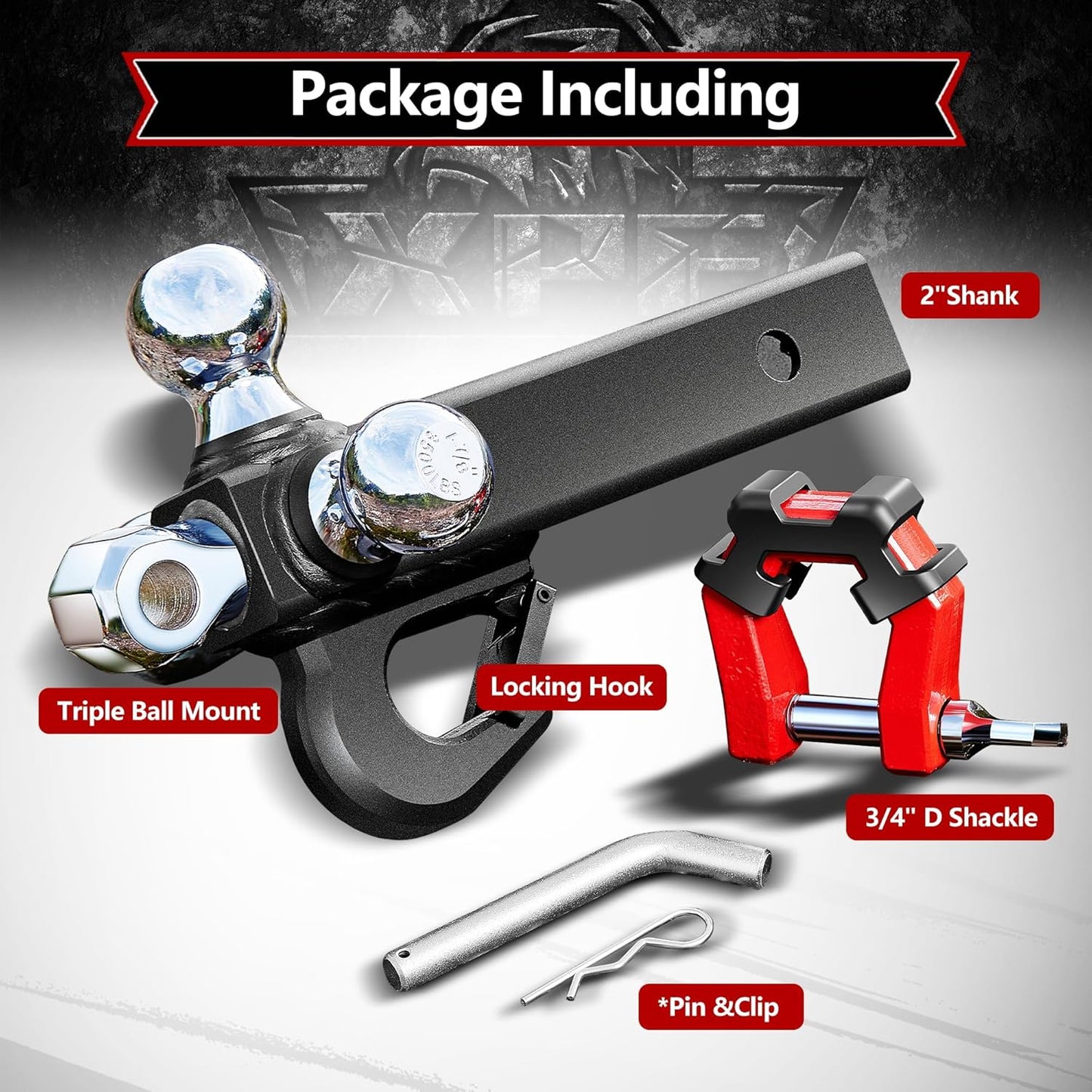 5 in 1 Trailer Hitch Tri-Ball Mount withHook&Pin&Rotatable Tow Shackle ļ¼Fits 2" Receiver with Chrome Hitch Ball(1-7/8",2",2-5/16"), 10,000LBS MAX GTW