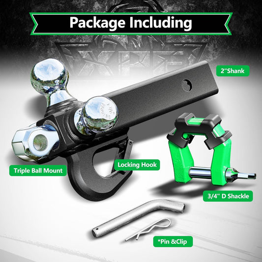 5 in 1 Trailer Hitch Tri-Ball Mount with Hook & Shackle Fits 2" Receiver with Chrome Hitch Ball(1-7/8",2",2-5/16"), 10,000LBS MAX GTW, Green-X-2220-GS