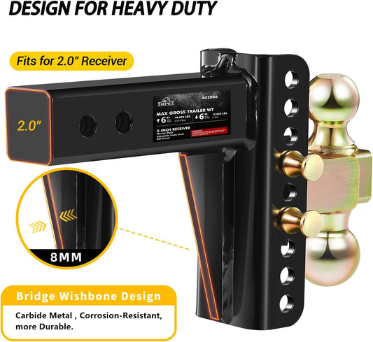 Adjustable Trailer Hitch, Fits 2.0-Inch Receiver,2" & 2-5/16" Ball Hitches for Trucks, 20,000 LBS GTW - Receiver Hitch with Anti-Theft Pin, Solid Ball Mount, BLK,X-452006