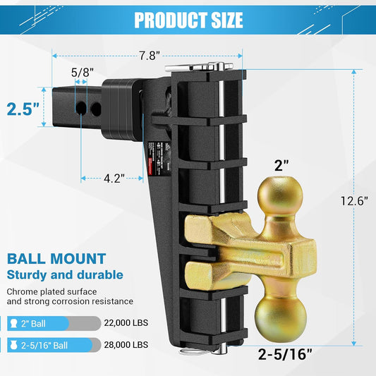 Trailer Hitch,Fits 2.5-Inch Receiver, 8 Inch Adjustable Drop Hitch with 2" and 2 5/16" Dual Ball,28,000 Lbs Gtw - Tow Hitch for Heavy Duty Truck