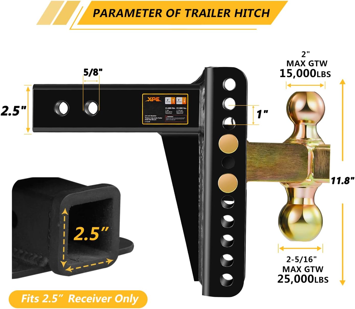 XPE Adjustable Trailer Hitch, Fits 2.5-Inch Receiver, 6-Inch Drop/Rise,2" & 2-5/16" Ball Hitches for Trucks, 22,000 LBS GTW - Receiver Hitch with Anti-Theft Pin, Solid Ball Mount, BLK,X-452506