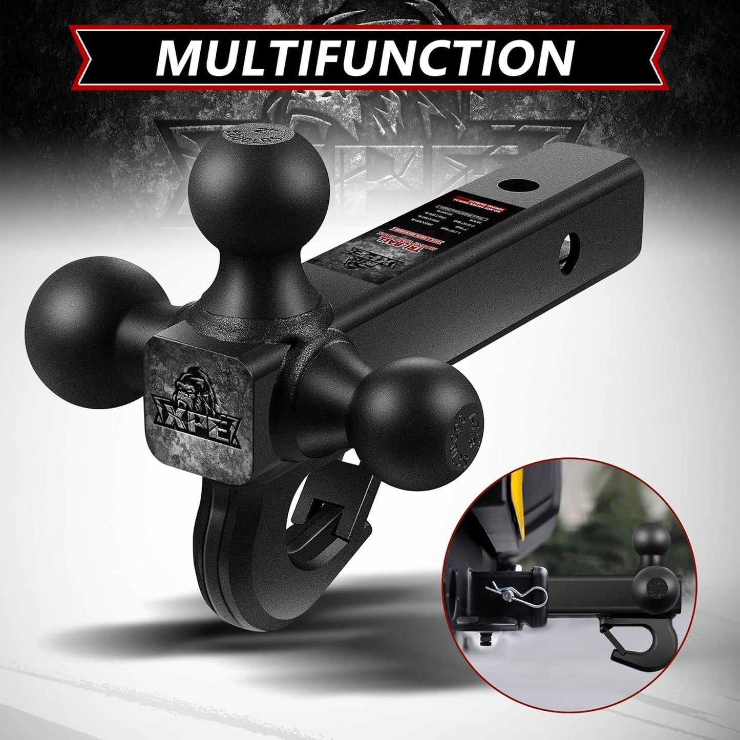 Trailer Hitch Tri Ball Mount with Hook,Fits 2” Hitch Receiver,1-7/8", 2"& 2-5/16"Matt Black Plated Balls ,Secure with Self-Lock Latch, 10,000 LBS GTW,for RV,SUV, ATV and Truck etc