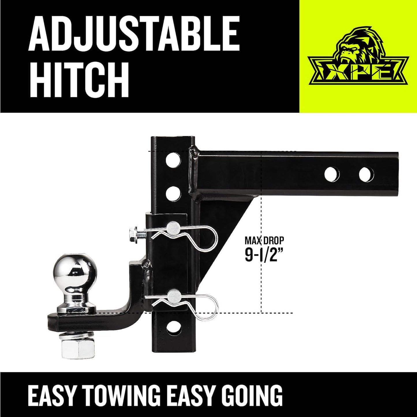 Adjustable Trailer Hitch Ball Mount Fits 2-Inch Receiver, 9-1/2" Drop/ 8-1/4" Rise Drop Hitch, Tow Hitch for Heavy Duty Truck with Stainless Steel Pins and Lock