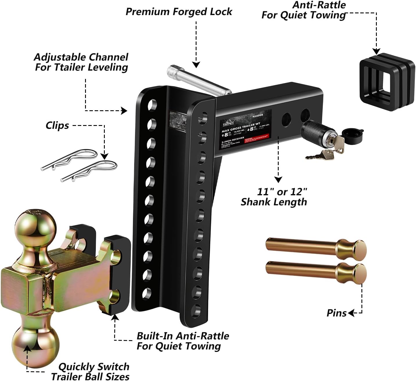 Adjustable Trailer Hitch, Fits 2.0-Inch Receiver, 8-Inch Drop/Rise,2" & 2-5/16" Ball Hitches for Trucks, 18,000 LBS GTW - Receiver Hitch with Anti-Theft Pin, Solid Ball Mount, BLK,X-452008