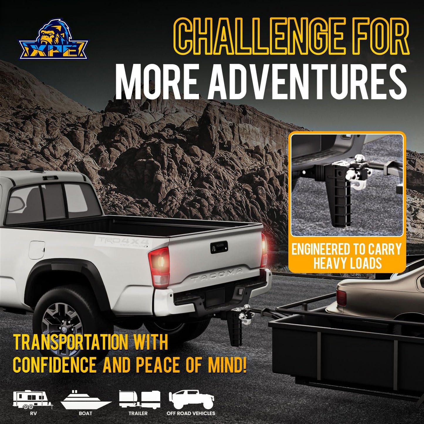 Adjustable Trailer Hitch Fits 2.5-Inch Receiver, Heavy Duty Tow Hitches (18500 LBS GTW) 6 Inch Drop Truck Hitch Tri-Ball Mount with Hook (1-7/8" x 2" x 2-5/16")