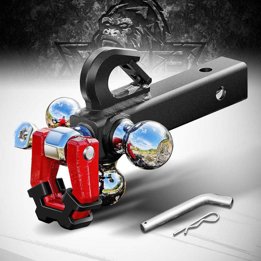 5 in 1 Trailer Hitch Tri-Ball Mount withHook&Pin&Rotatable Tow Shackle ，Fits 2" Receiver with Chrome Hitch Ball(1-7/8",2",2-5/16"), 10,000LBS MAX GTW XTH-2220-RS