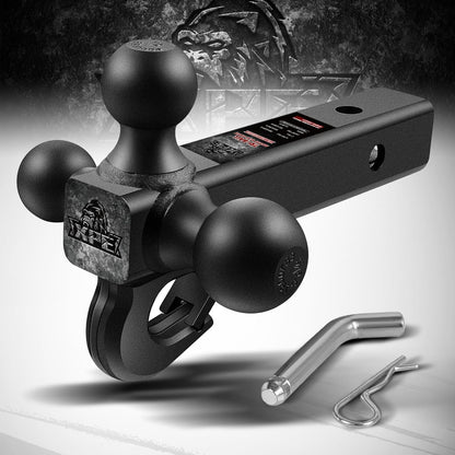 Trailer Hitch Tri Ball Mount with Hook,Fits 2” Hitch Receiver,1-7/8", 2"& 2-5/16"Matt Black Plated Balls ,Secure with Self-Lock Latch, 10,000 LBS GTW,for RV,SUV, ATV and Truck etc