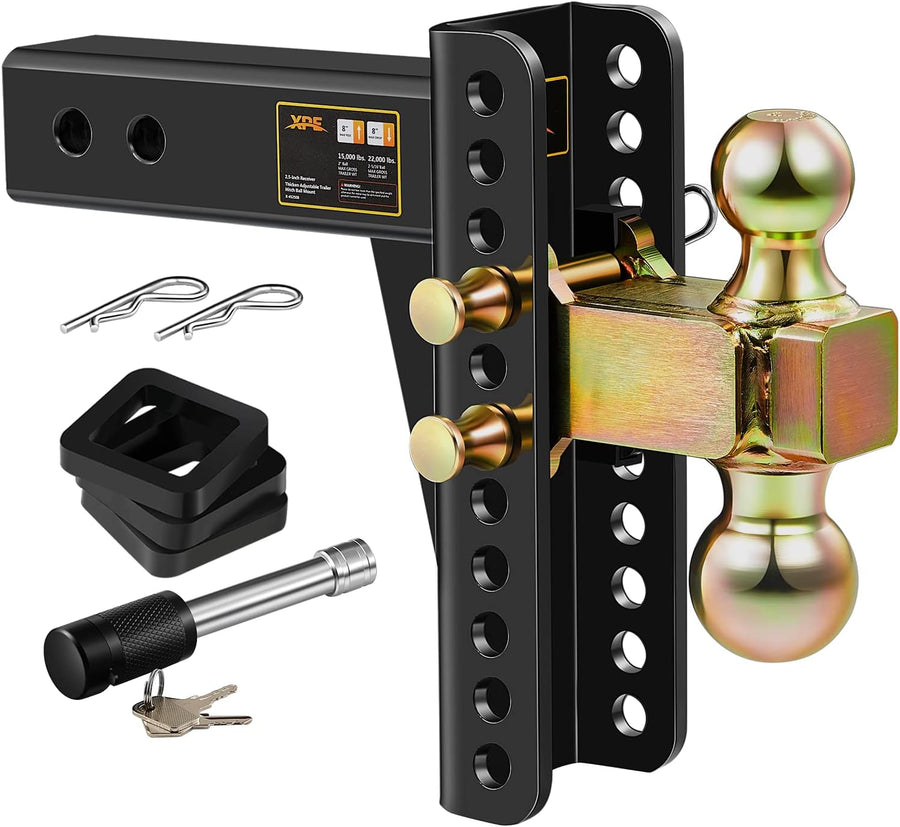 Adjustable Trailer Hitch, Fits 2.5-Inch Receiver, 8-Inch Drop/Rise,2" & 2-5/16" Ball Hitches for Trucks, 22,000 LBS GTW - Receiver Hitch with Anti-Theft Pin, Solid Ball Mount, BLK,X-452508