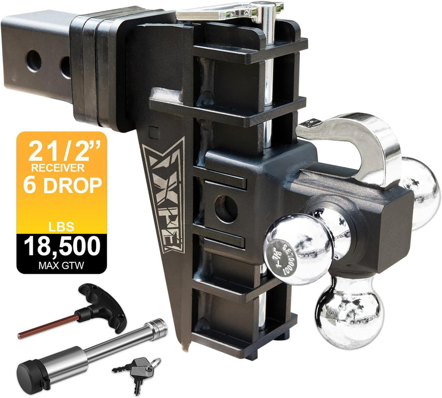 Adjustable Trailer Hitch Fits 2.5-Inch Receiver, Heavy Duty Tow Hitches (18500 LBS GTW) 6 Inch Drop Truck Hitch Tri-Ball Mount with Hook (1-7/8" x 2" x 2-5/16") XTH-85256-3B