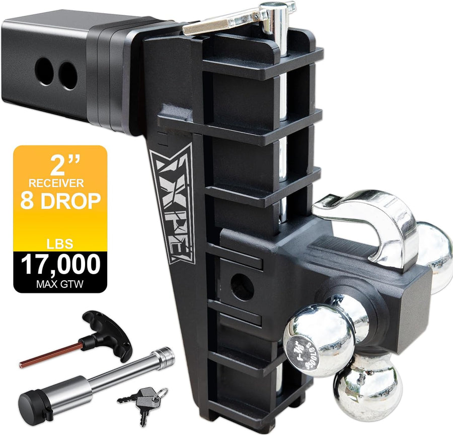 Adjustable Trailer Hitch Fits 2.0-Inch Receiver, Heavy Duty Tow Hitches (17000 LBS GTW) 8 Inch Drop Truck Hitch Tri-Ball Mount with Hook (1-7/8" x 2" x 2-5/16") XTH-85208-3B