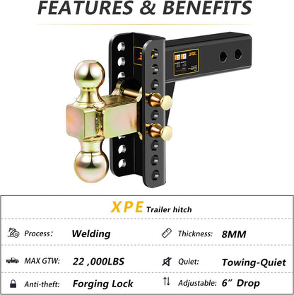 XPE Adjustable Trailer Hitch, Fits 2.5-Inch Receiver, 6-Inch Drop/Rise,2" & 2-5/16" Ball Hitches for Trucks, 22,000 LBS GTW - Receiver Hitch with Anti-Theft Pin, Solid Ball Mount, BLK,X-452506
