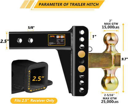 XPE Adjustable Trailer Hitch, Fits 2.5-Inch Receiver, 6-Inch Drop/Rise,2" & 2-5/16" Ball Hitches for Trucks, 22,000 LBS GTW - Receiver Hitch with Anti-Theft Pin, Solid Ball Mount, BLK,X-452506