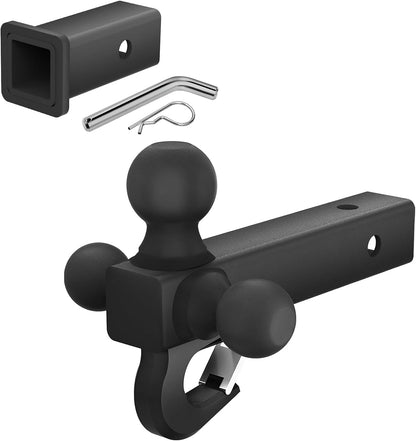 XPE Trailer Hitch Adapter 2-1/2" to 2" Reducer Sleeve with 5/8" Pin & Clip + Tri-Ball Hitch with Beast Tow Hook for 2" Receiver