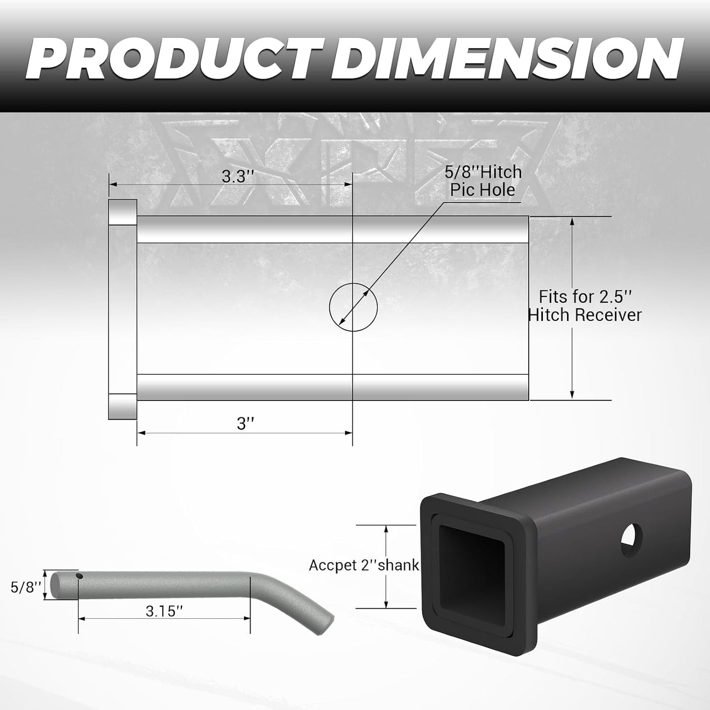 XPE Trailer Hitch Adapter 2-1/2" to 2" Reducer Sleeve with 5/8" Pin & Clip + Tri-Ball Hitch with Beast Tow Hook for 2" Receiver