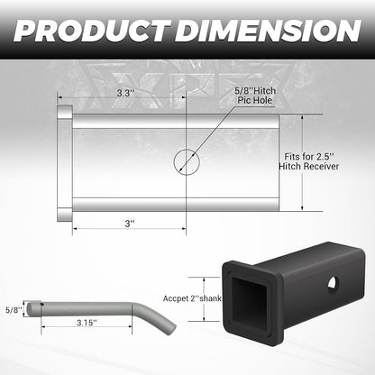 XPE Trailer Hitch Adapter 2-1/2" to 2" Reducer Sleeve with 5/8" Pin & Clip + Tri-Ball Hitch with Beast Tow Hook for 2" Receiver
