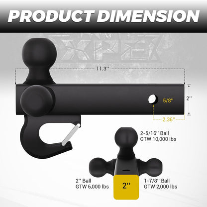 XPE Trailer Hitch Adapter 2-1/2" to 2" Reducer Sleeve with 5/8" Pin & Clip + Tri-Ball Hitch with Beast Tow Hook for 2" Receiver