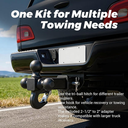 XPE Trailer Hitch Adapter 2-1/2" to 2" Reducer Sleeve with 5/8" Pin & Clip + Tri-Ball Hitch with Beast Tow Hook for 2" Receiver