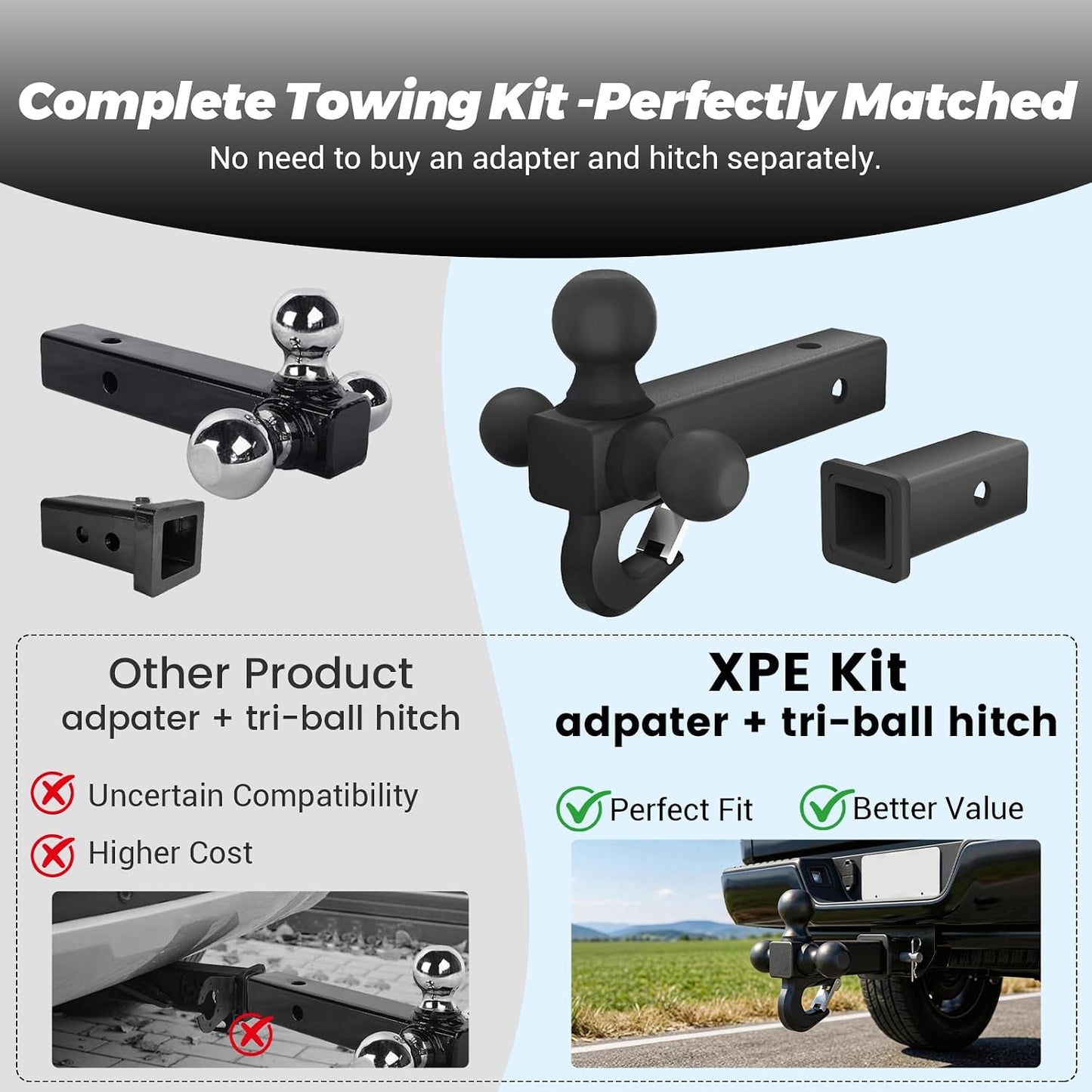 XPE Trailer Hitch Adapter 2-1/2" to 2" Reducer Sleeve with 5/8" Pin & Clip + Tri-Ball Hitch with Beast Tow Hook for 2" Receiver
