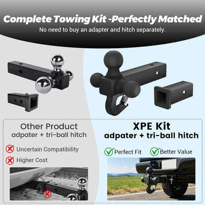 XPE Trailer Hitch Adapter 2-1/2" to 2" Reducer Sleeve with 5/8" Pin & Clip + Tri-Ball Hitch with Beast Tow Hook for 2" Receiver