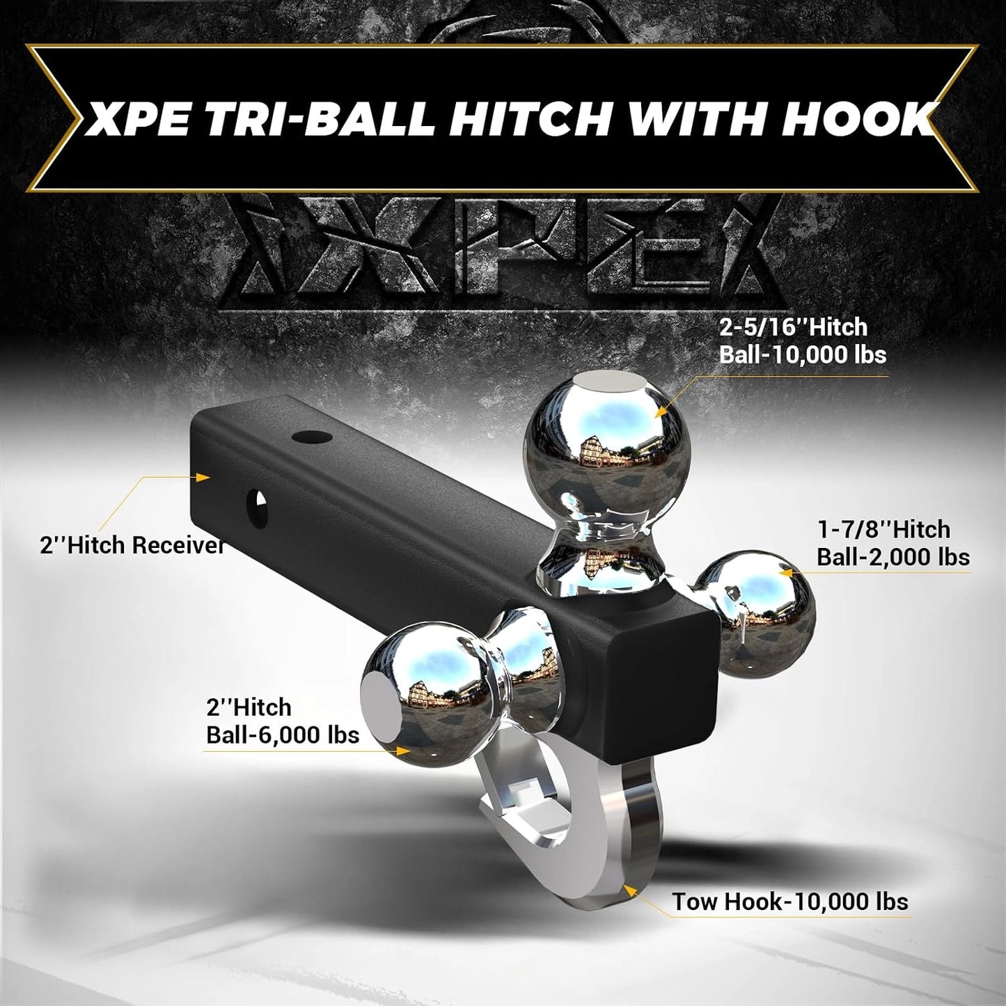 XPE Trailer Hitch Tri-Ball Hitch Fits 2 inch Receiver, 1-7/8", 2", 2-5/16" Trailer Balls 5/8'' Lock Included