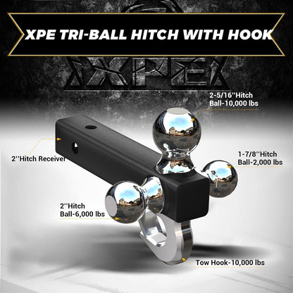 XPE Trailer Hitch Tri-Ball Hitch Fits 2 inch Receiver, 1-7/8", 2", 2-5/16" Trailer Balls 5/8'' Lock Included
