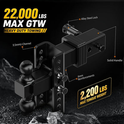 XPE 6-Inch Adjustable Drop Hitch with Anti-Rattle Design for 2.5-Inch Receiver, Heavy-Duty Dual-Ball Mount, 22,000 lbs Max GTW