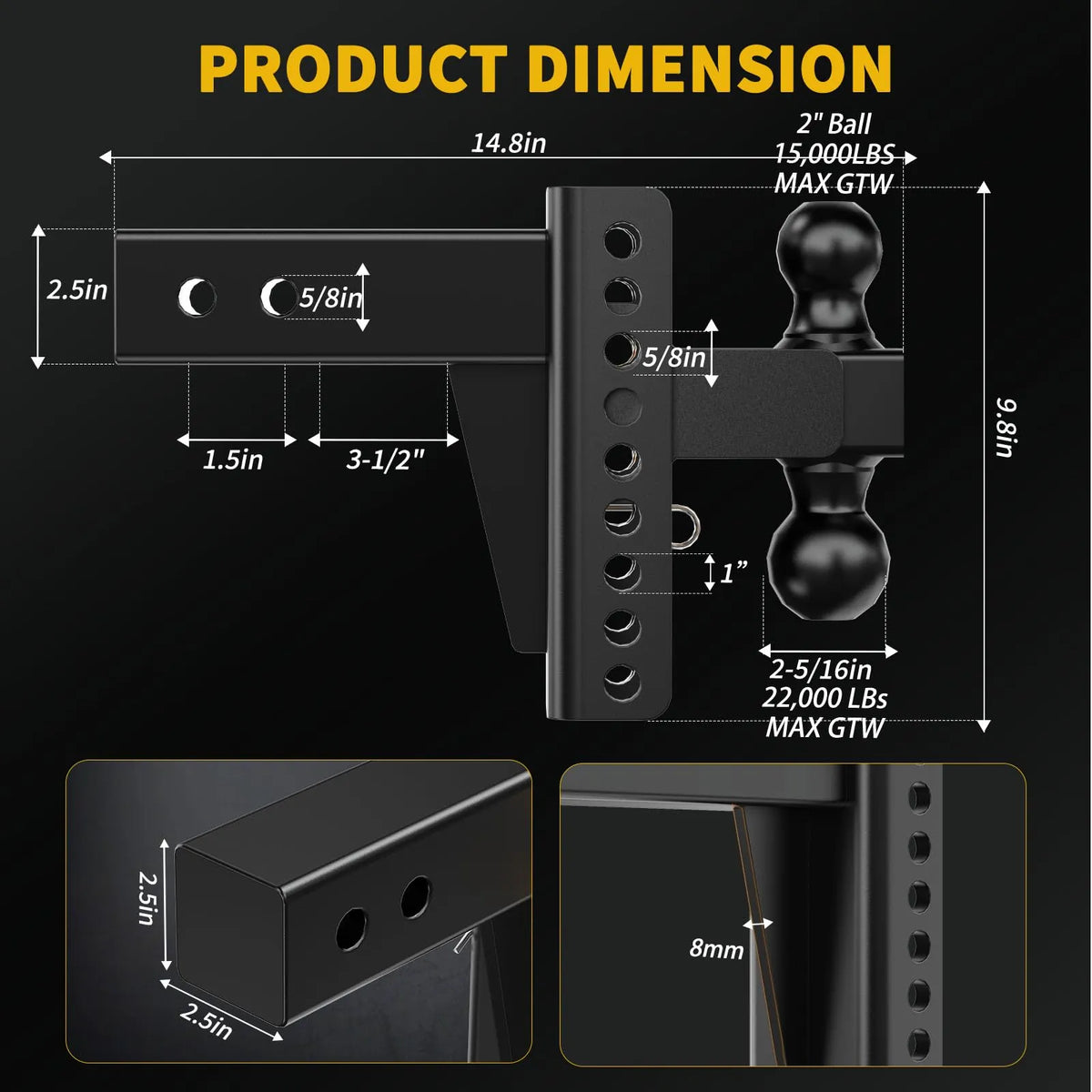 XPE 6-Inch Adjustable Drop Hitch with Anti-Rattle Design for 2.5-Inch Receiver, Heavy-Duty Dual-Ball Mount, 22,000 lbs Max GTW