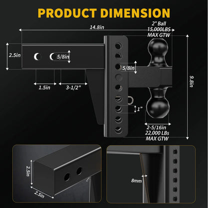 XPE 6-Inch Adjustable Drop Hitch with Anti-Rattle Design for 2.5-Inch Receiver, Heavy-Duty Dual-Ball Mount, 22,000 lbs Max GTW